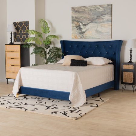 BAXTON STUDIO Easton Contemporary Glam and Luxe Navy Blue Velvet and Gold Metal Queen Size Panel Bed 220-12855-ZORO